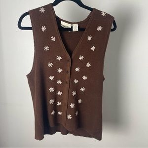 Vintage Copper Key Brown Sweater Vest with Flowers